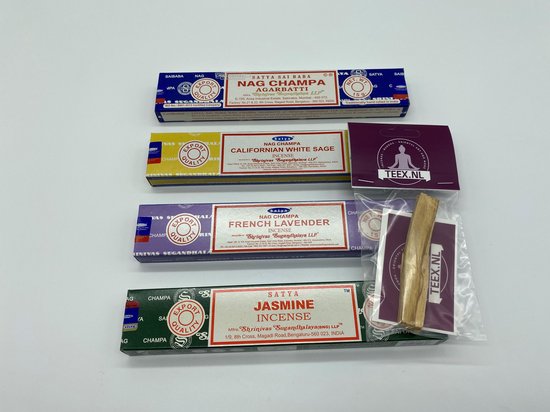 Satya –Jasmine – Sai Baba nag champa – Californian White Sage– French lavendel ** bestseller ** top 4 geuren *** Gratis Palo Santo stick- TEEX.NL – wierook – wierookstokje – 80 stokjes- white sage – lavendel – nag champa - jasmijn