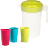Water/limonade schenkkan 2 liter met 12x kunststof gekleurde glazen van 360 ML voordeelset