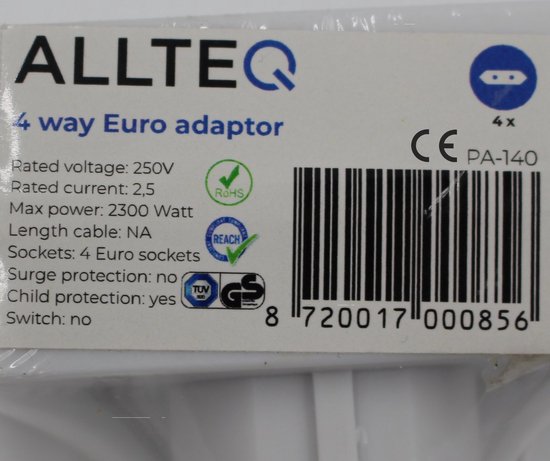 Allteq - Stopcontact splitter - 4-voudig - Wit - Randaarde | bol.com