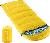 Skandika Dundee Junior Kinderslaapzak – Slaapzakken kinderen - Outdoor kampeerslaapzak voor kinderen met draagtas – Flanellen voering van katoen – Zacht materiaal – Waterafstotend –  Comfort bereik van 13 tot 3°C, 175 x 70 cm  - geel/flanell blauw