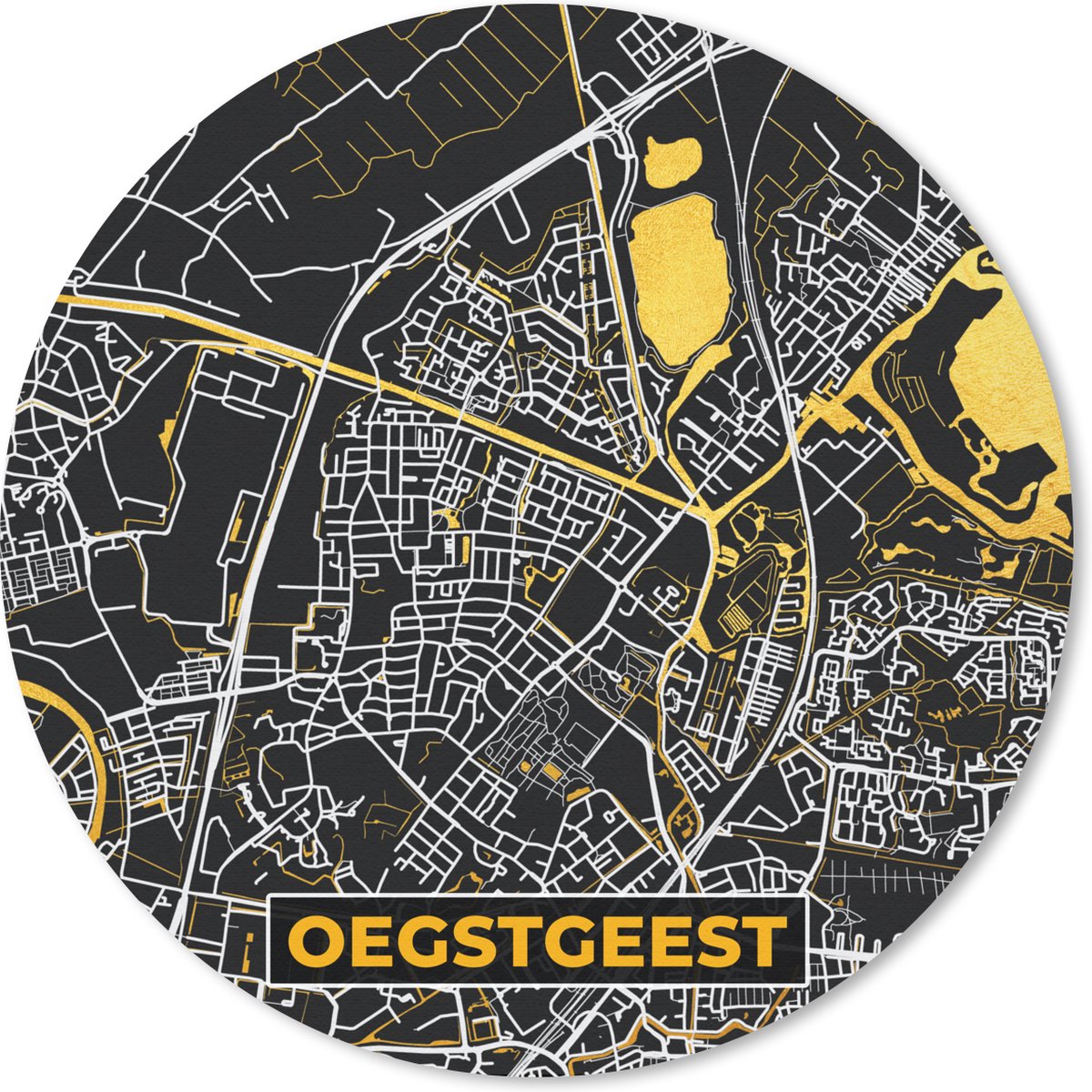Muismat rond 40x40 cm - Mousepad Oegstgeest - Plattegrond - Kaart - Goud - Stadskaart - Ronde muismatten - Stadskaart