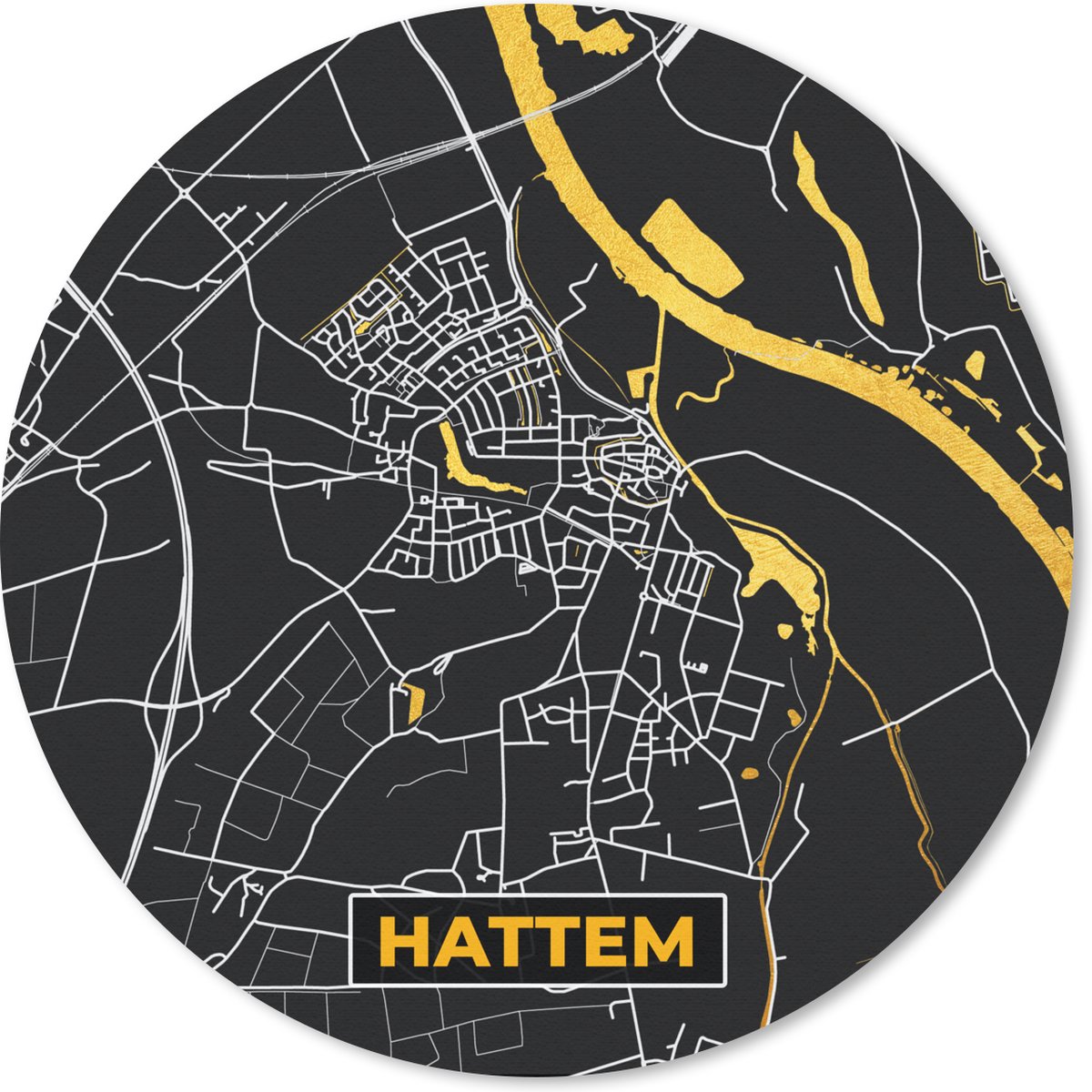 Muismat rond 50x50 cm - Mousepad Plattegrond - Hattem - Kaart - Stadskaart - Black & gold - Ronde muismatten - Stadskaart