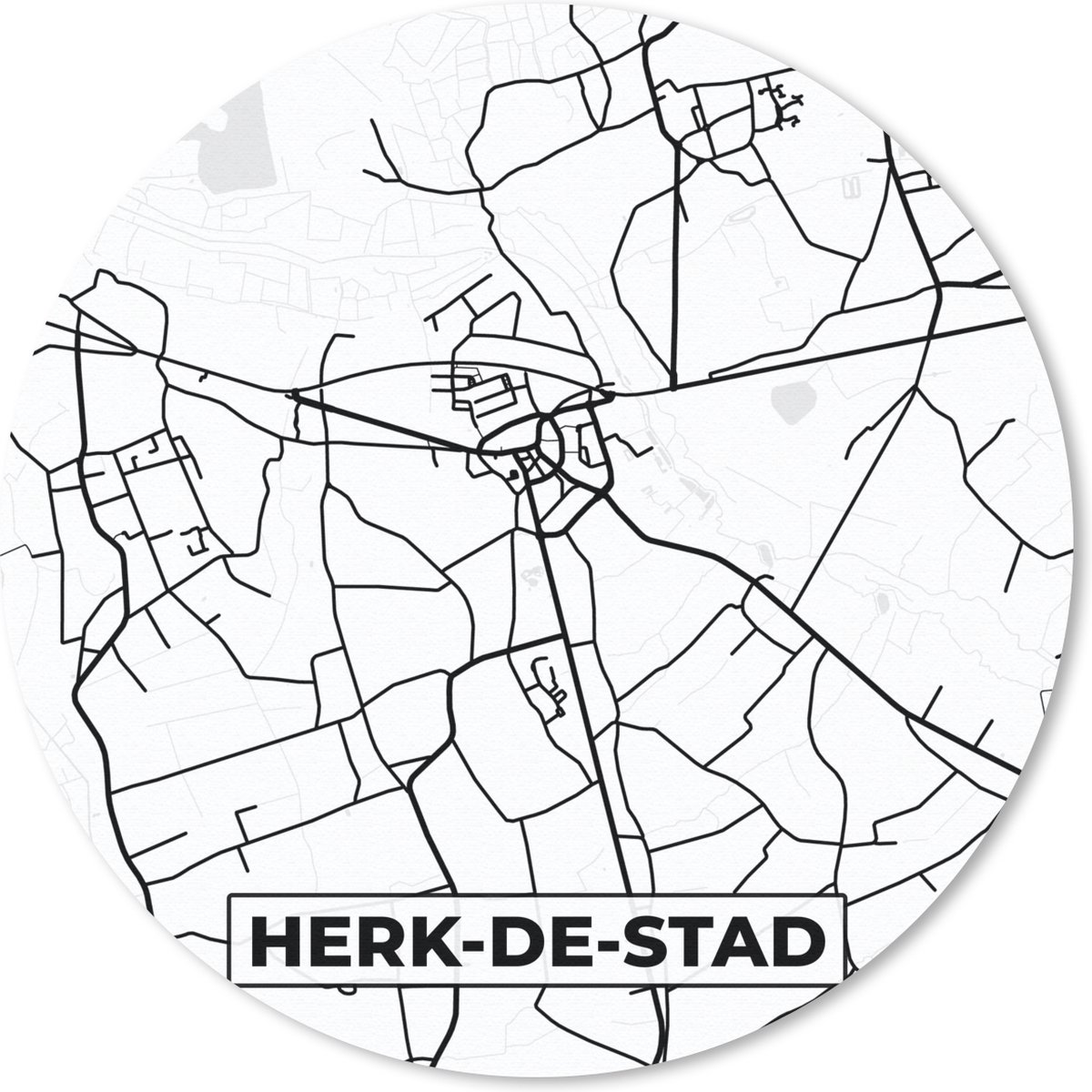 Muismat rond 30x30 cm - Mousepad Zwart Wit – België – Plattegrond – Stadskaart – Kaart – Herk de Stad - Ronde muismatten - Stadskaart