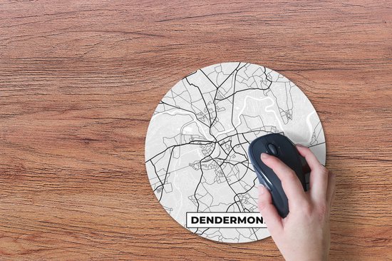 Muismat rond 30x30 cm - Mousepad Zwart Wit – België – Plattegrond – Stadskaart – Kaart – Dendermonde - Ronde muismatten - Stadskaart