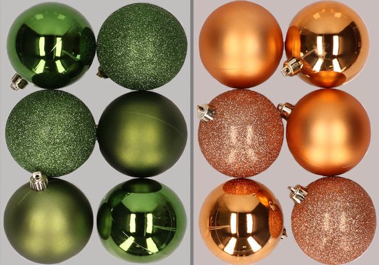 12x stuks kunststof kerstballen mix van appelgroen en koper 8 cm - Kerstversiering
