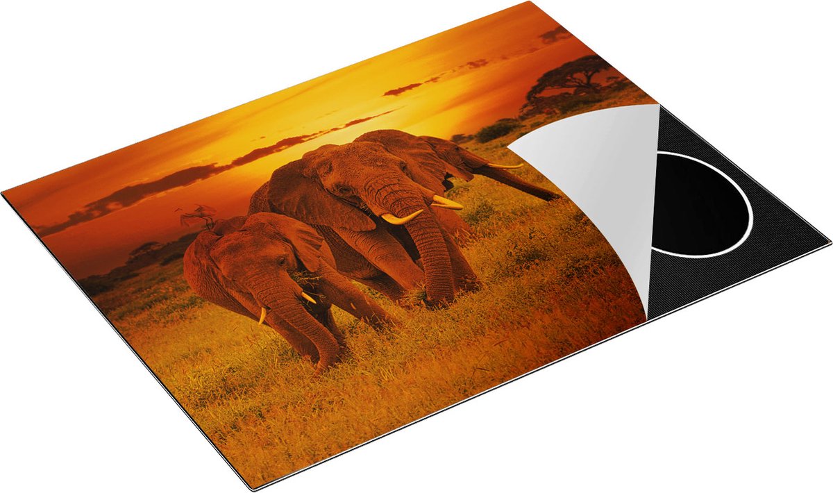 Chefcare Inductie Beschermer Olifanten in het Wild - Zonsondergang - 77x59 cm - Afdekplaat Inductie - Kookplaat Beschermer - Inductie Mat