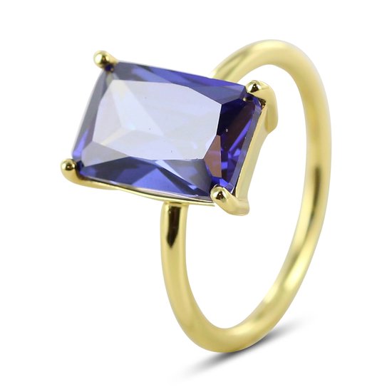 Silventi 9SIL-22594 Zilveren Ring - Dames - Zirkonia - Rechthoek -12 x 8 mm - Blauw - Maat 54 - 1,76 mm - Zilver - Gold Plated (Verguld/Goud op Zilver)