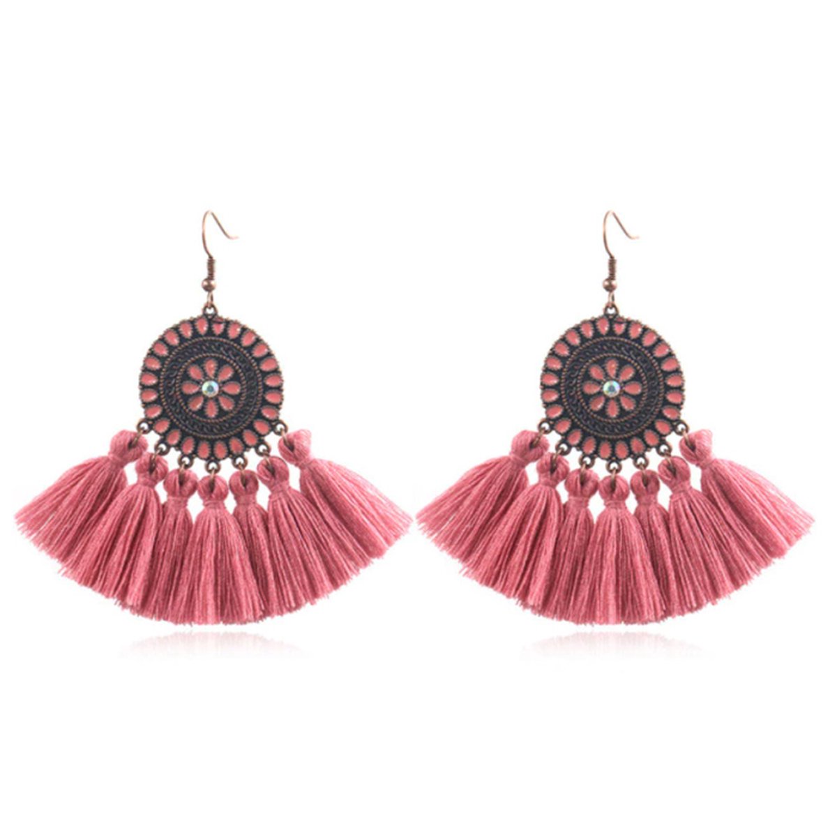 Bohemian Ibiza oorbellen hangers met katoenen kwastjes kleur roze