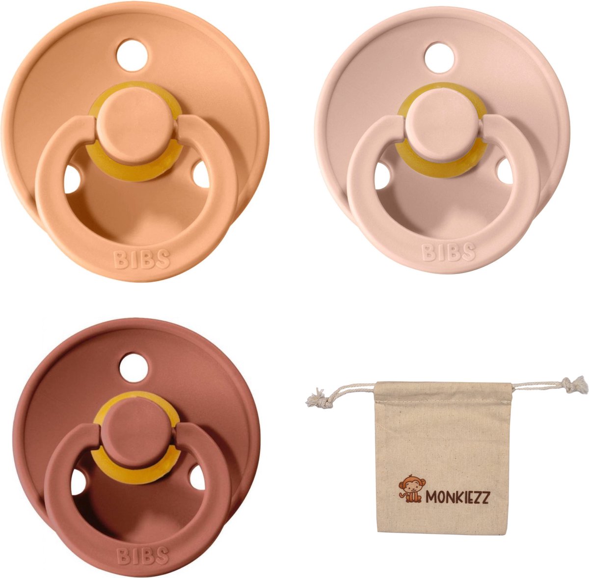 Goedkoopste Bibs fopspenen maat 2 6-18 maanden| Set 3 stuks| Blush, Woodchuck, Peach Monkiezz speenzakje
