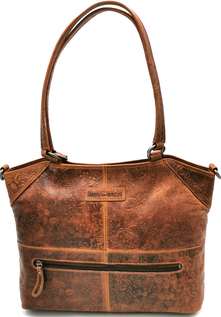 Leren Hillburry Shopper met Bloemen reliëf en lange dubbele hengsels - afneembare en verstelbare schouderriem - (bxhxd) ca. 38x28x10cm