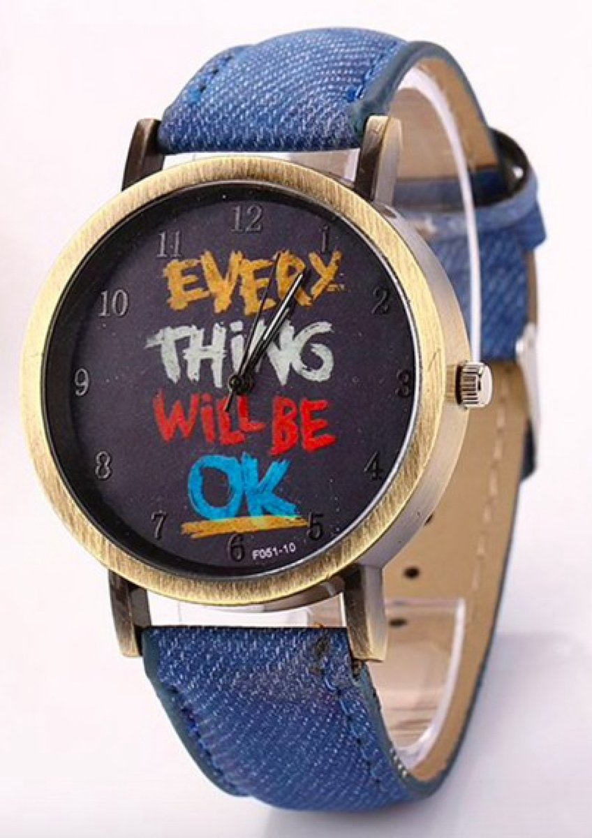 Hidzo Horloge Every Thing Will Be Ok Ø 37 mm - Donker Blauw - In horlogedoosje