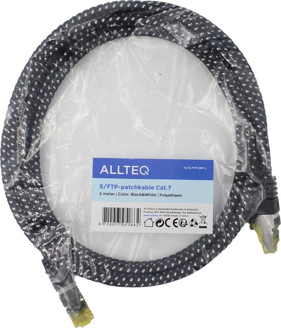 Cat 7 | F/ FTP | Câble réseau | Cordon de brassage | Blindé | Gaine tressée en nylon | 10 Gbit / s | 2 mètres | Noir | Allteq