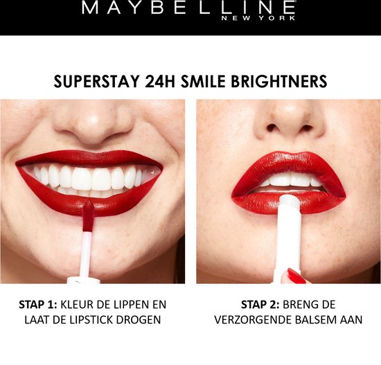 Stap 1: aanbrengen van rode lipstick, Stap 2: aanbrengen van balsem. Maybelline SuperStay.