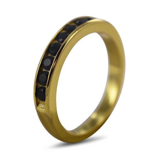 Silventi 9SIL-22108 Zilveren Ring met Zirkonia - Dames - 9 Zirkonia Steentjes - 3 mm - Zwart - Maat 56 - 3,5 mm Breed - Zilver - Gold Plated(Verguld/Goud op Zilver)