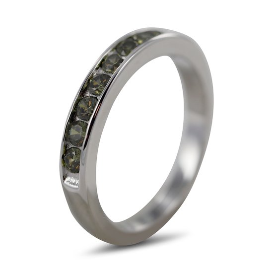 Silventi 9SIL-22107 Zilveren Ring met Zirkonia - Dames - 9 Zirkonia Steentjes - 3 mm - Olijf Groen - Maat 56 - 3,5 mm Breed - Rhodium - Zilver