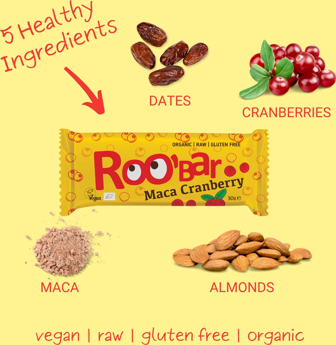 Roo'Bar | Superfoods | Maca & Cranberries Bar | Box 20 stuks