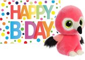 Pluche knuffel flamingo 20 cm met A5-size Happy Birthday wenskaart - Verjaardag cadeau setje - Een knuffel sturen