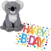 Pluche knuffel koala beer 19 cm met A5-size Happy Birthday wenskaart - Verjaardag cadeau setje