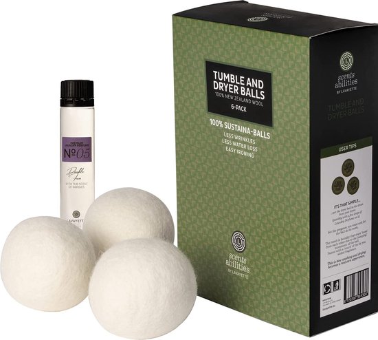 Lavayette XL Drogerballen met 25ml Wasparfum - WasdrogerBallen – Droogballen – Wasbol – 100% Nieuw-Zeelands Schapenwol – Milieu- en Diervriendelijk – 6 stuks