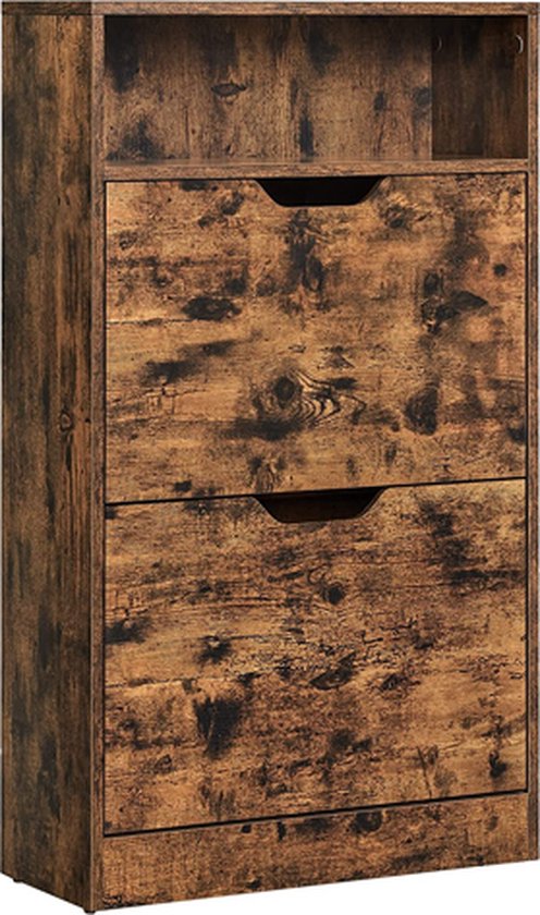 Hoppa! Schoenenkast met 2 kleppen, Schoenenrek met een Open Rek, Melaminefineer, Gemakkelijk te reinigen, 60 x 24 x 102 cm, Rustiek Bruin