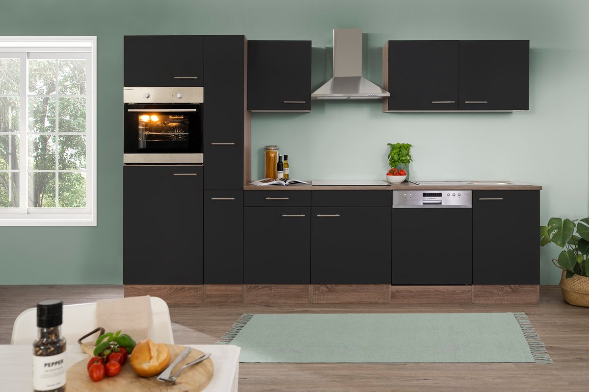 Goedkope keuken 310  cm - complete keuken met apparatuur Oliver  - Donker eiken/Zwart   - keramische kookplaat - vaatwasser - afzuigkap - oven    - spoelbak