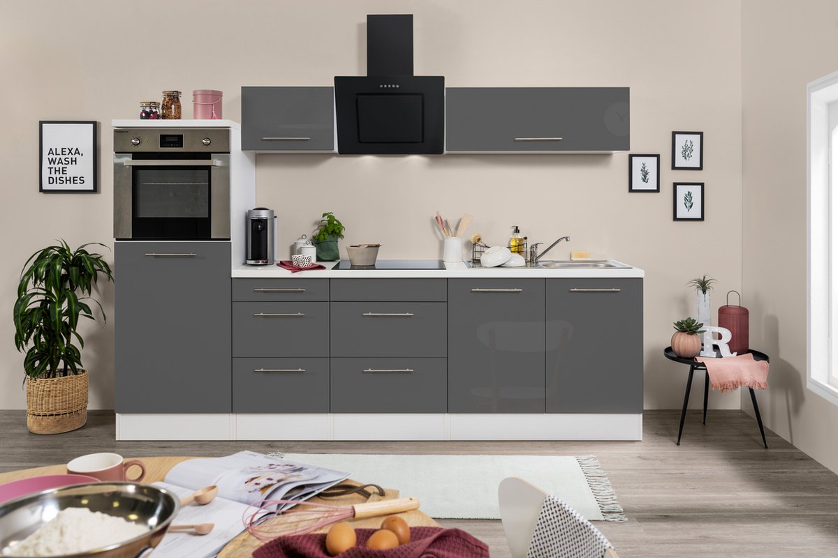 Goedkope keuken 270 cm - complete keuken met apparatuur Amanda - Wit/Grijs - soft close - keramische kookplaat - afzuigkap - oven - spoelbak
