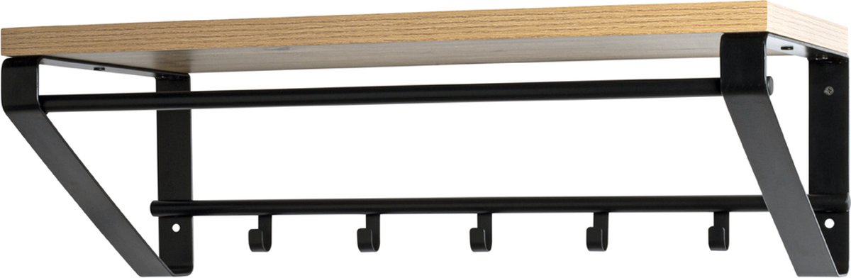 Wandkapstok – Zwart rondstaal – Houten hoedenplank – 75x30x23 cm – 5 haken – Robuust design