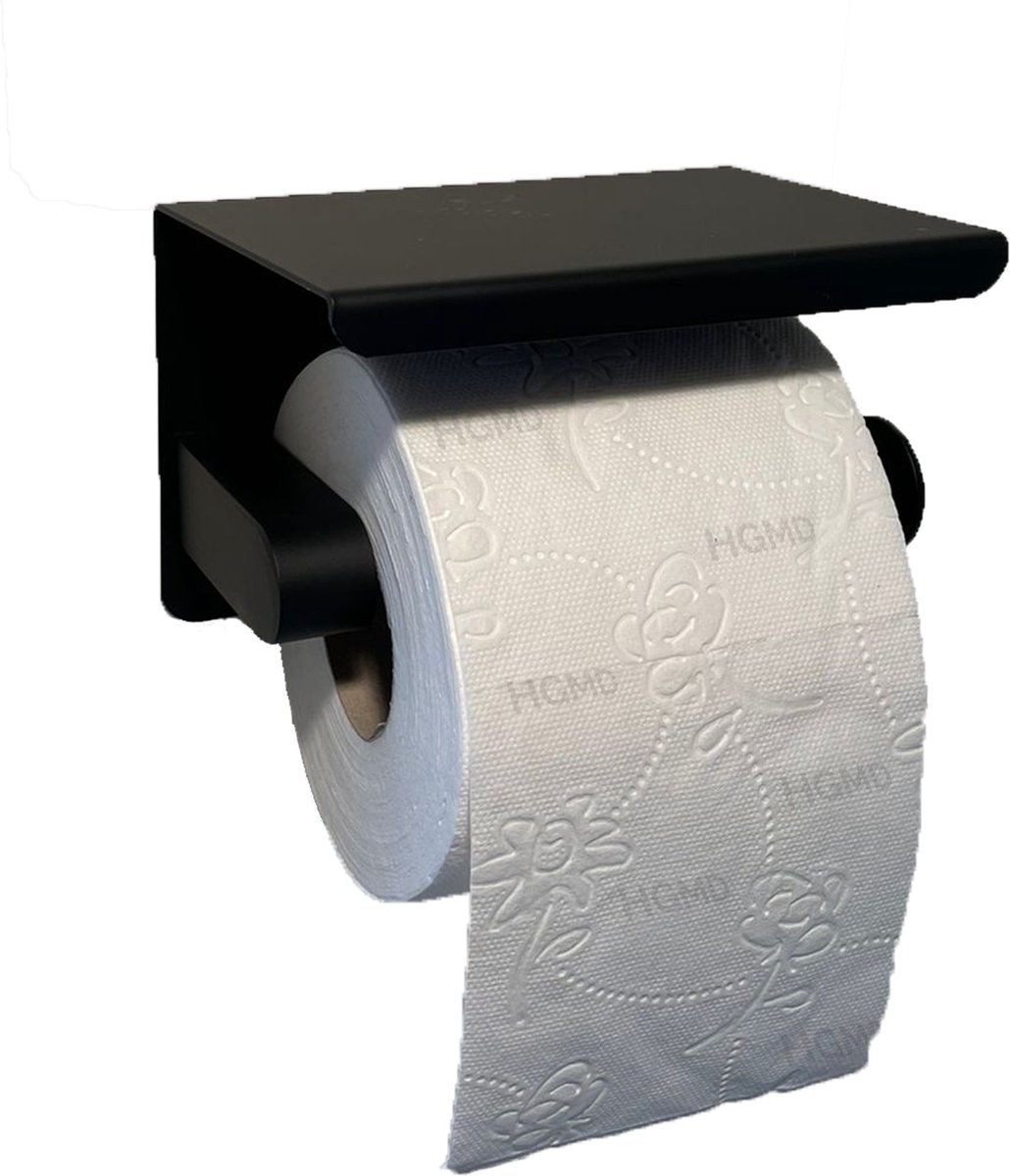 HGMD® WC Rolhouder met Plankje - Zwart - Zelfklevend / Boren / Zonder Boren - Toiletrolhouder zwart - Toiletrolhouder zonder boren