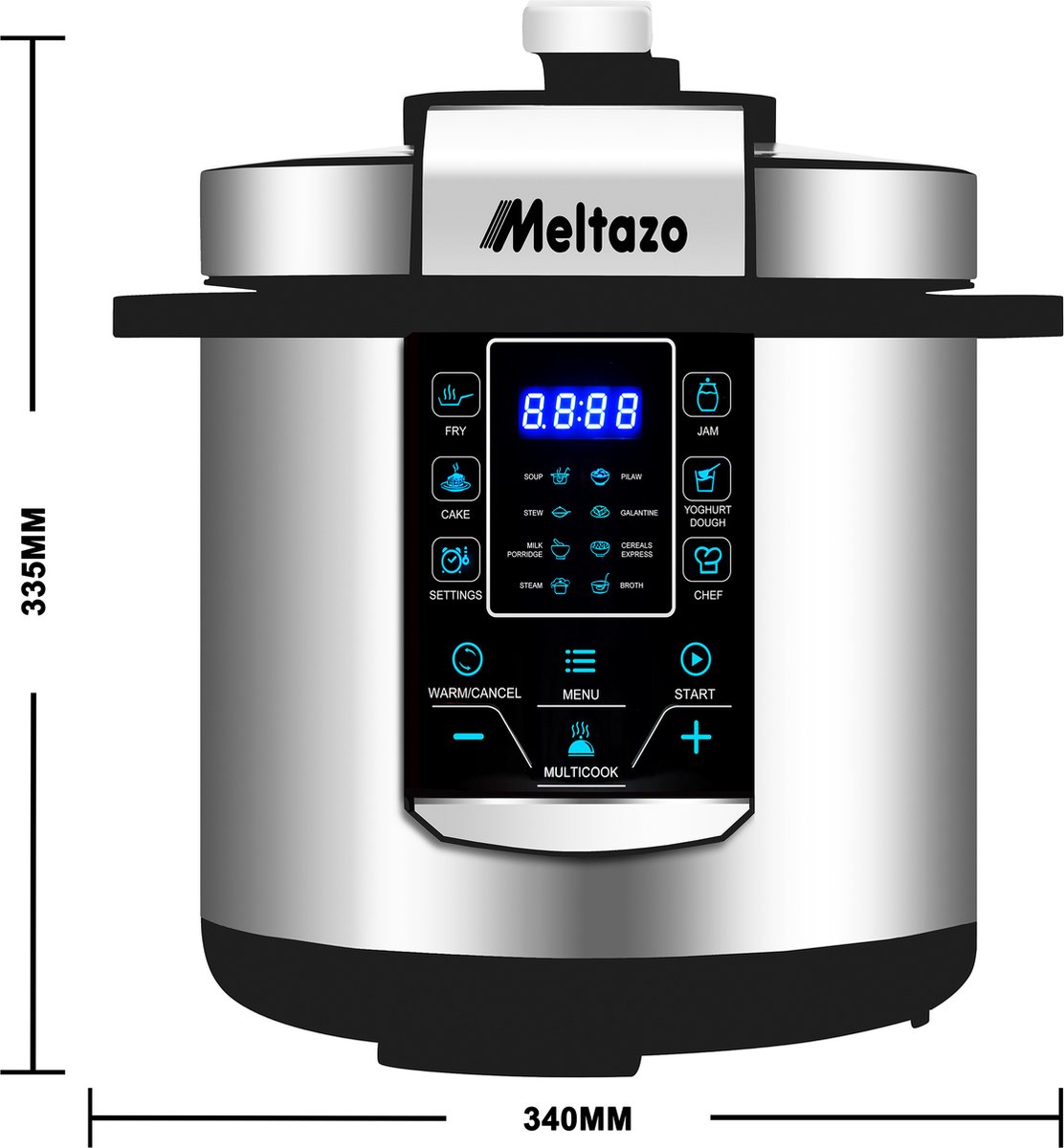 MELTAZO Multicooker, 6L, 14-in-1 Elektrische Snelkookpan met LED Touch Screen, Pressure Cooker Electrisch, Electric Pressure Cooker, Multicuiseur, Multi cooker, Rijstkoker, Yoghurtmaker, Slowcooker, Soepmaker, Stomer (RVS/Zwart) thumbnail 6