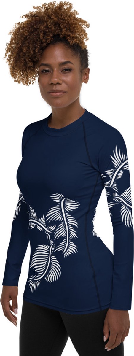 Rashguard - design Lines 4 Peace - Dry Fit - High Performance - 4way stretch - unieke print - UPF 50+ - Hardloop - Yoga - Fitness - Dans  - Pilates - Training – dames- marineblauw wit - maat L