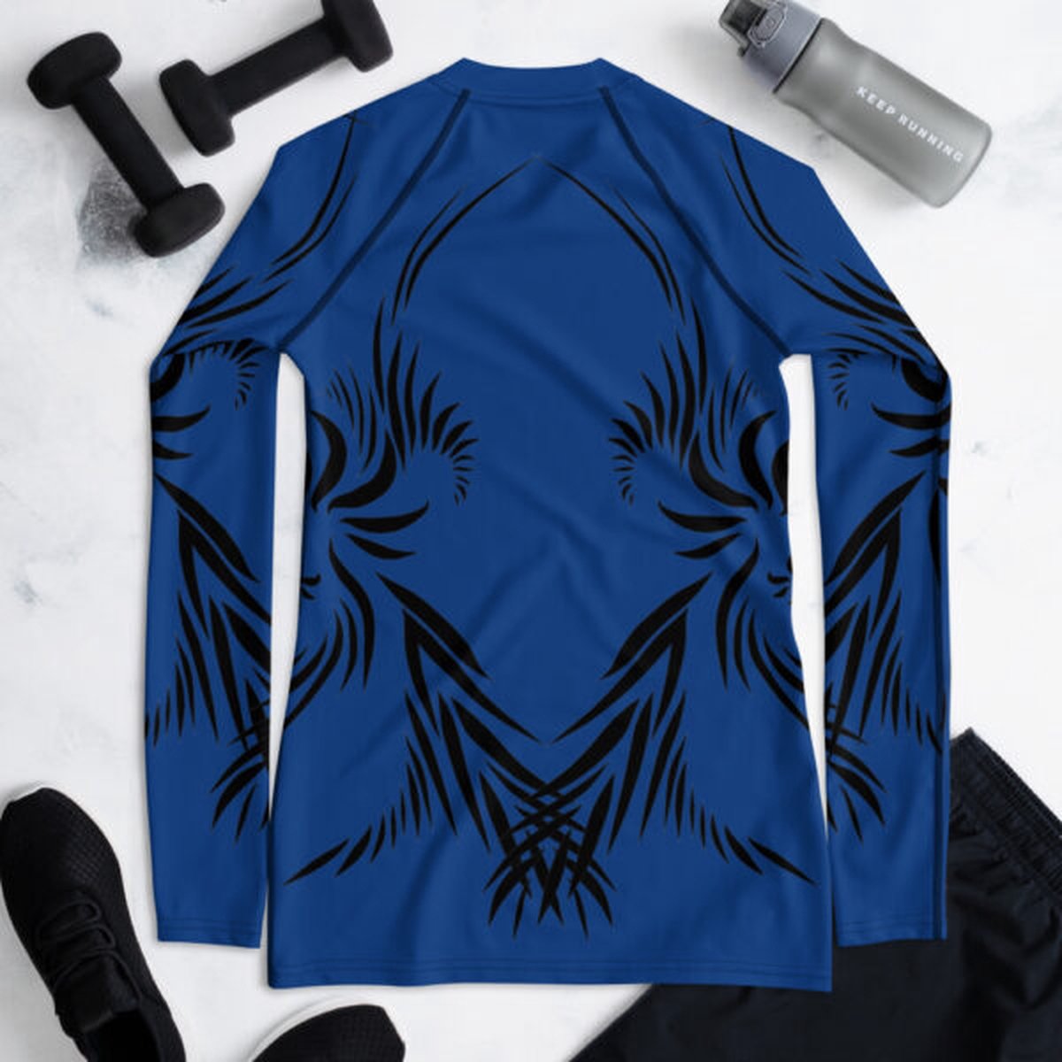 Rashguard - design Power Up - Dry Fit - High Performance - 4way stretch - unieke print - UPF 50+ - Hardloop - Yoga - Fitness - Dans  - Pilates - Training – Shirt Long Sleeve – dames - kobaltblauw zwart - maat XL