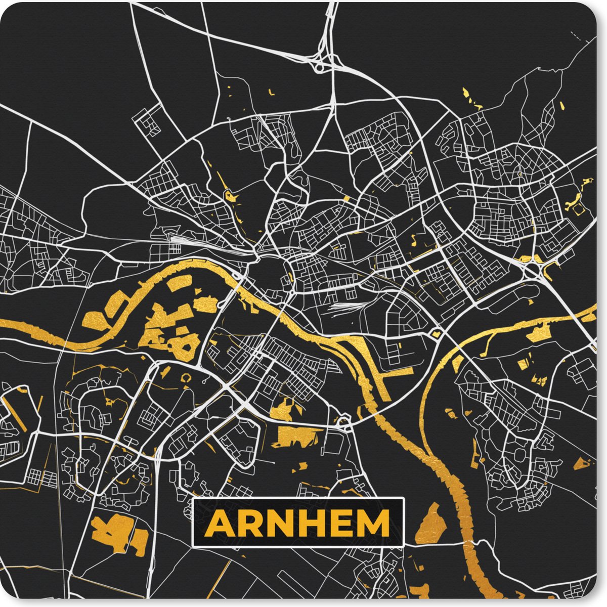 Muismat XXL 80x80 cm - Bureau onderlegger - Bureau mat Plattegrond - Arnhem - Goud - Zwart - Bureaumat - Gaming mousepad xl - Bureaulegger groot - Computer deskmat - Stadskaart