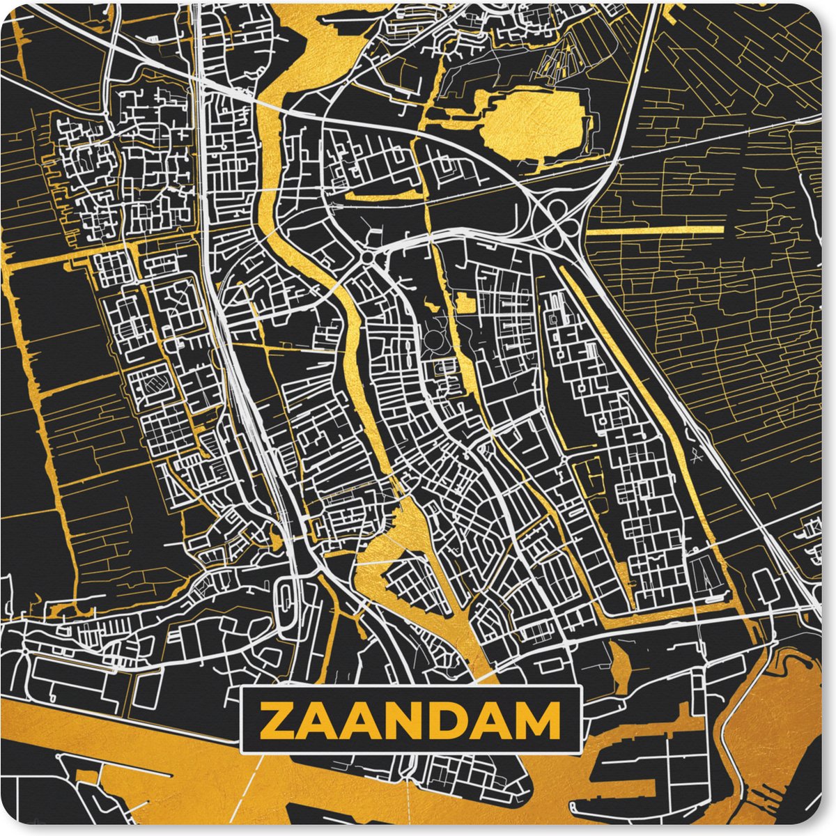 Muismat XXL - Bureau onderlegger - Bureau mat - Kaart - Zaandam - Goud - Zwart - 50x50 cm - XXL muismat