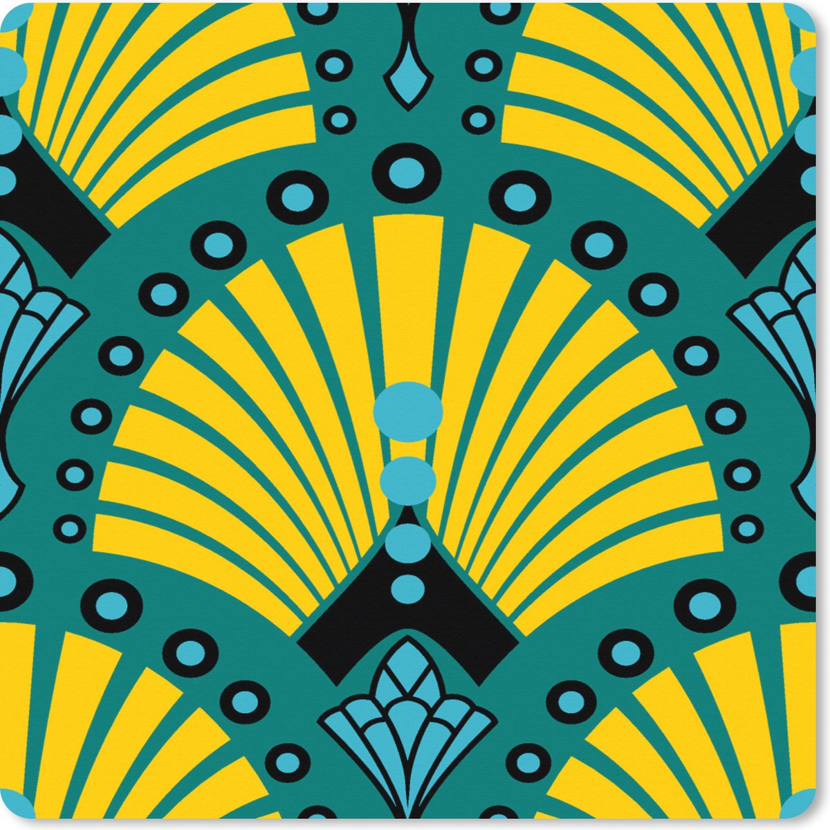 Muismat XXL 80x80 cm - Bureau onderlegger - Bureau mat Art Deco - Patroon - Blauw - Geel - Bureaumat - Gaming mousepad xl - Bureaulegger groot - Computer deskmat