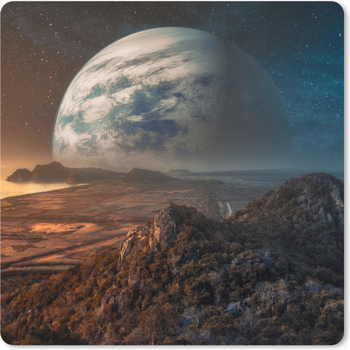 Muismat XXL 60x60 cm - Bureau onderlegger - Bureau mat Planeten - Berg - Sterren - Bureaumat - Gaming mousepad xl - Bureaulegger groot - Computer deskmat