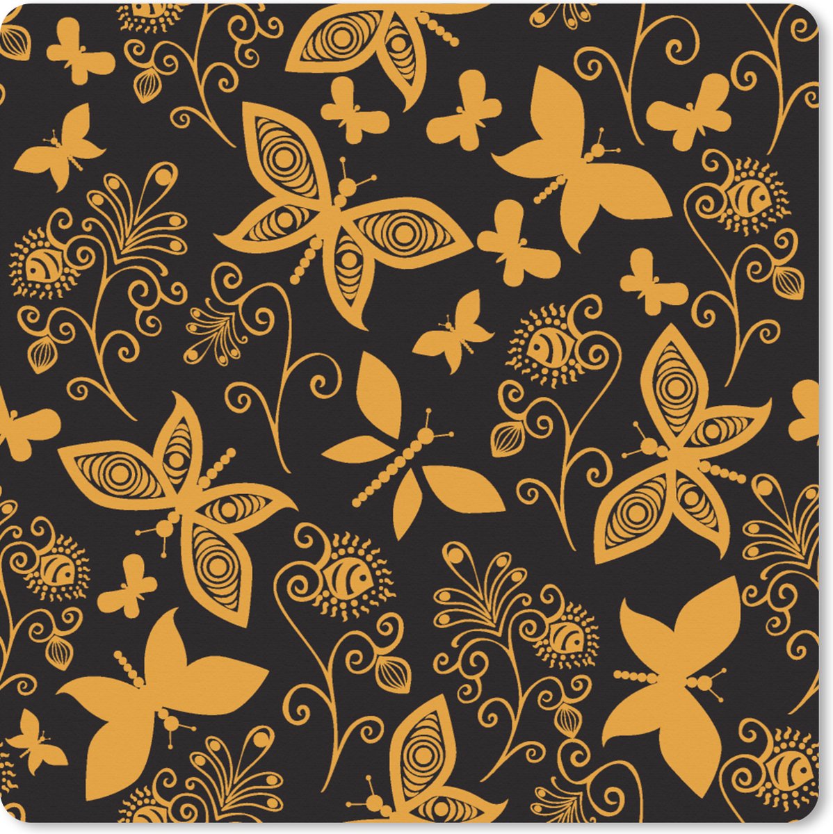 Muismat XXL 80x80 cm - Bureau onderlegger - Bureau mat Bloemen - Vlinder - Goud - Patroon - Bureaumat - Gaming mousepad xl - Bureaulegger groot - Computer deskmat
