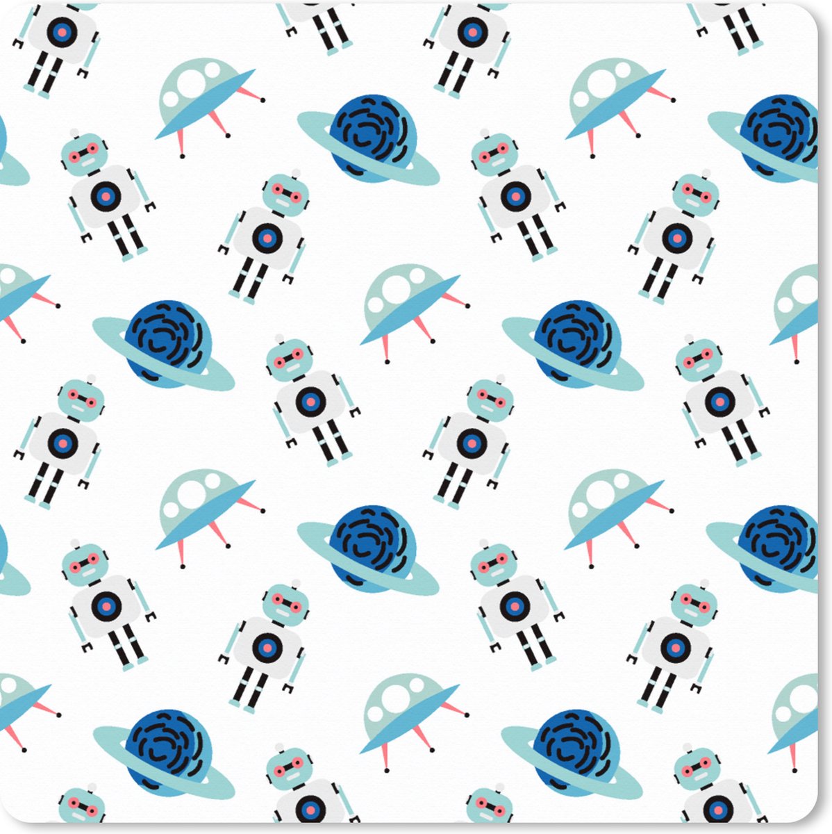 Muismat XXL 60x60 cm - Bureau onderlegger - Bureau mat Space - Robot - Planeten - Patroon - Bureaumat - Gaming mousepad xl - Bureaulegger groot - Computer deskmat