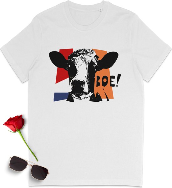 Koe t shirt - Tshirt met koe boe - Hollandse Koe unisex shirt - T-shirt dames en heren - Vrouwen en  mannen tshirt met koe print opdruk - Unisex maten: S M L XL XXL XXXL - Tshirt kleur: Wit.