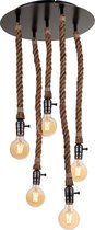 Touw hanglamp 5 lichts | zwarte plafondplaat Ø40 cm | touwlamp | bollamp voor voor Eetkamer, Slaapkamer, Woonkamer