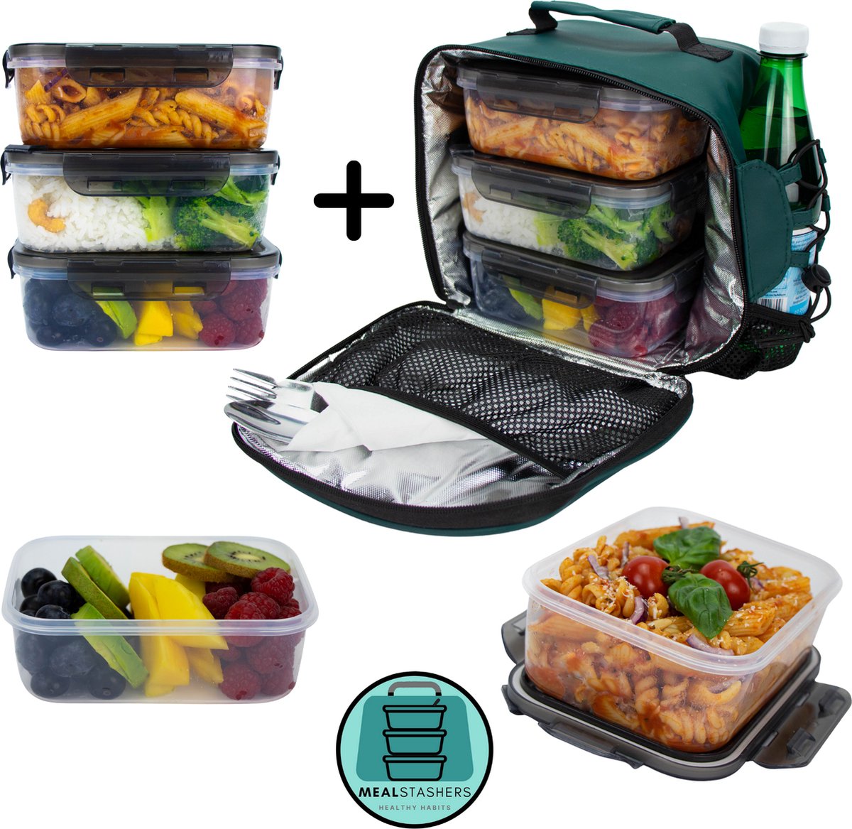 MealStashers - Meal Prep Bakjes - 6 stuks - met geïsoleerde lunch tas - Vershoudbakjes set - Maaltijdbakjes - Vershouddoos - Plastic Bakjes - magnetron bakjes