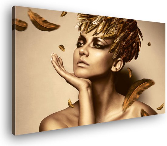 Canvas Schilderij Vrouw Met Gouden Veren | 30 x 20 cm | Wanddecoratie