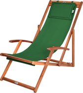 Groene Casaria ligstoel van hout, opvouwbaar met een verstelbare rugleuning en hoofdsteun.