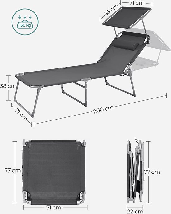 ACAZA Ligstoel XL - Ligbed - Ligstoel Tuin - Extra breed - Ligbed met Hoofdsteun, Zonnescherm & verstelbare Rugleuning - Ligstoelen inklapbaar - 71 x 193 x 29,5 cm - tot 150 kg Belastbaar - Grijs van Merkloos — afbeelding 4