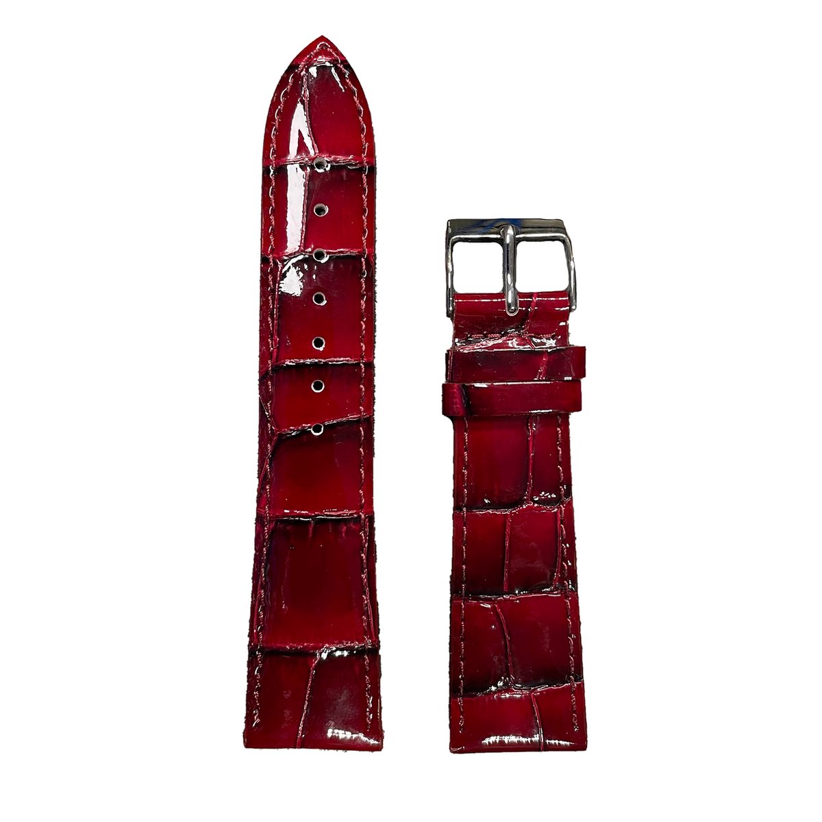 Horlogeband - 22mm - Glans rood - Echt leer in croco print - Roestvrijstalen gesp