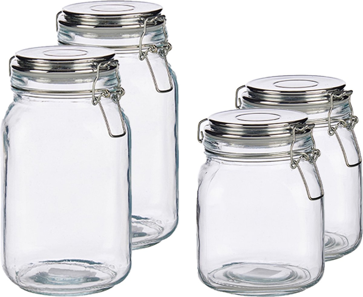 Set van 4x stuks luxe keuken voorraadpotten met klepdeksel zilver 1000 en 1500 ml - Voordeelset