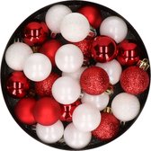 28x stuks kunststof kerstballen rood en wit mix 3 cm - Kerstboomversiering