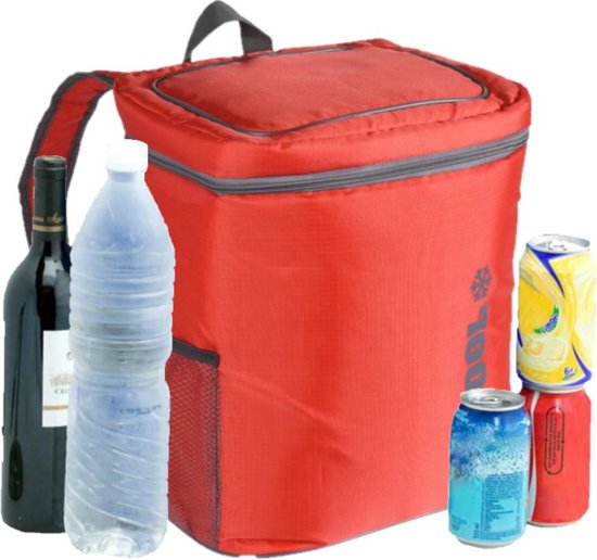 Sac à dos glacière rouge avec une bouteille de vin, une bouteille d'eau et des canettes de soda à côté.