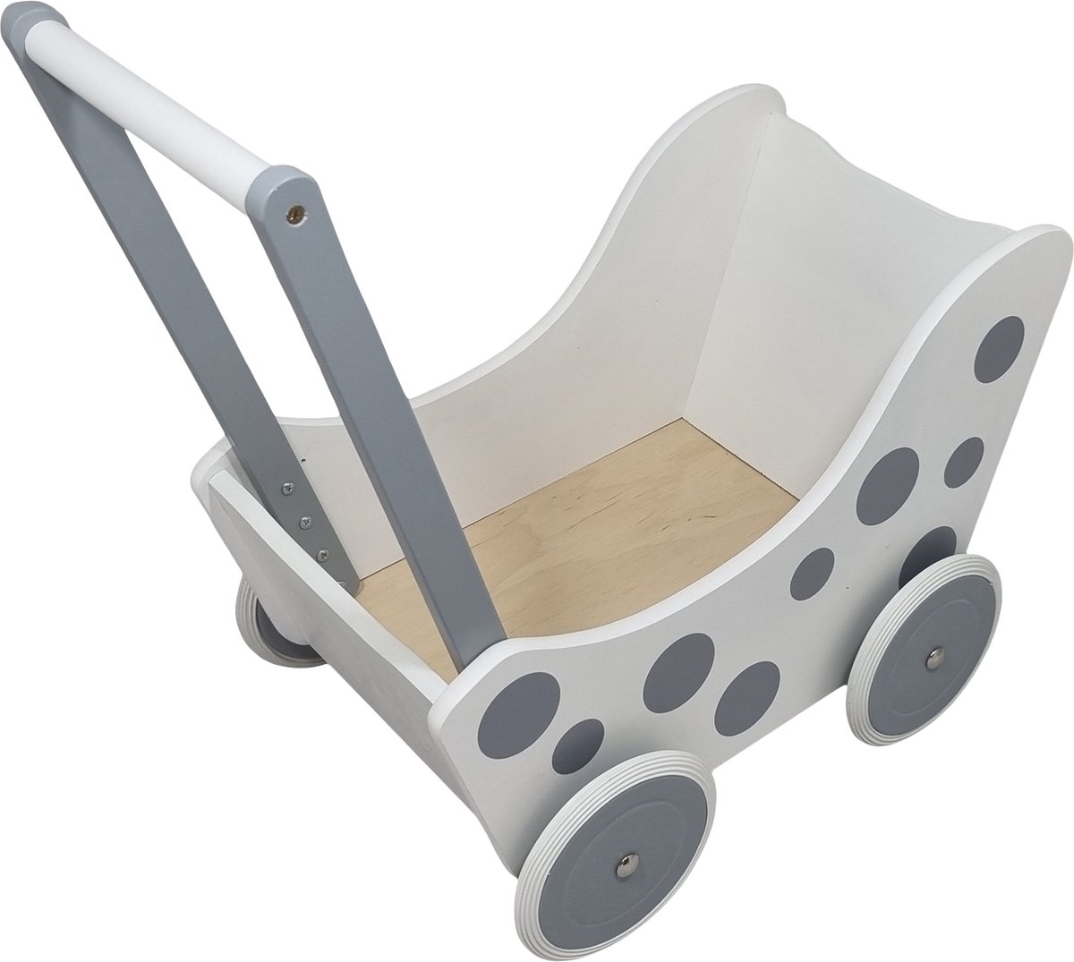 Bol.com Playwood - Houten Poppenwagen wit zilver met stip met wit rubber aanbieding