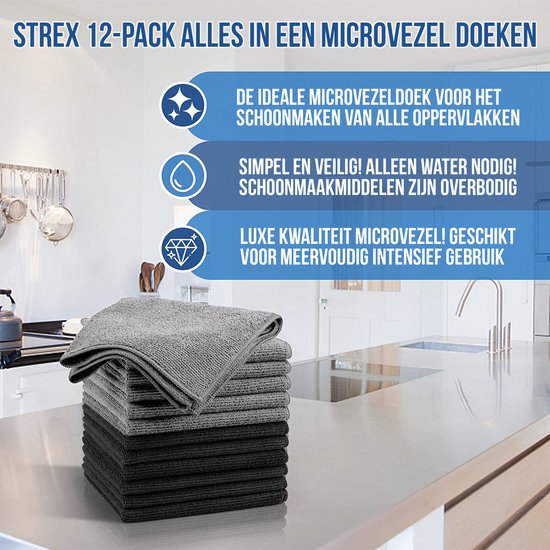 Strex Chiffons Microfibres - 12 Pièces 30 x 30 cm - Lavables - Lingettes Nettoyantes - Nettoyage / Voiture