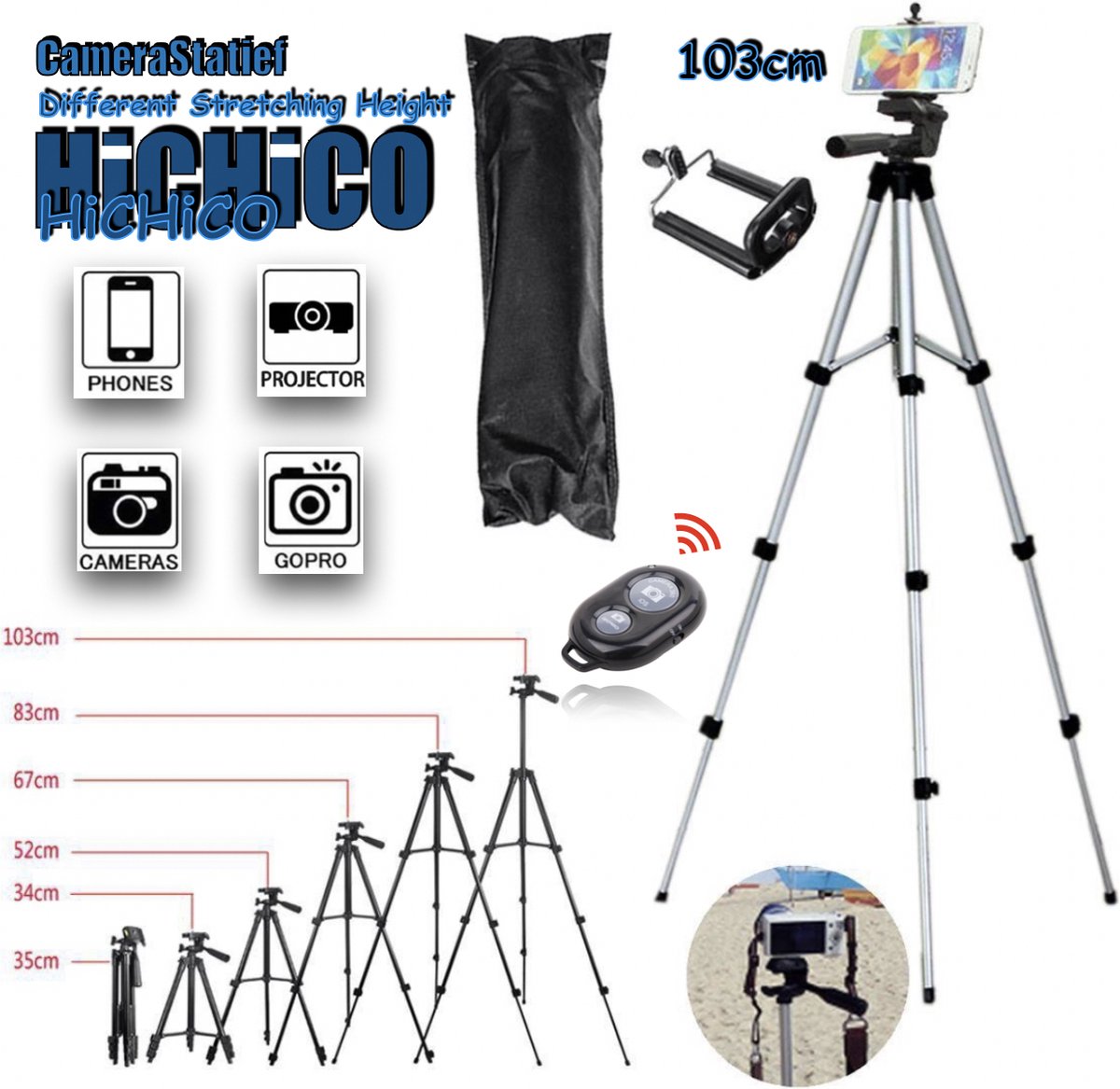 HiCHiCO® Camerastatief - Tripod - Statieven 100cm Zilver Inclusief Bluetooth Afstandsbedining